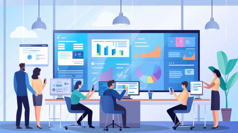 Illustration plate d'une équipe énergique en collaboration dans un espace de bureau moderne, entourée d'écrans numériques affichant des informations sur les clients et les mises à jour des projets. Les membres de l'équipe sont engagés dans des discussions productives, avec une personne utilisant un logiciel CRM sur un ordinateur portable pour gérer efficacement les relations clients. L'image met en valeur un espace de travail dynamique et organisé, reflétant l'importance du CRM dans le secteur de la rénovation énergétique.